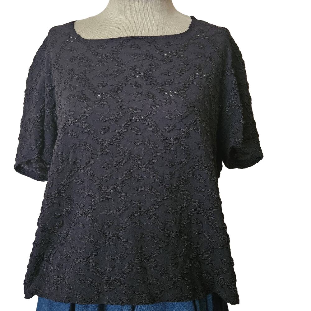 Vintage Black Eyelet Short Sleeve Blouse Size XL